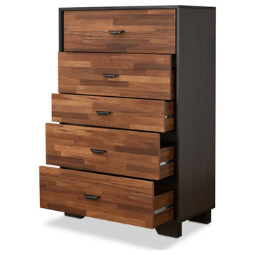 Contemporary Vertical Dresser, 5 Spacious Drawers With Curved Handles, Walnut