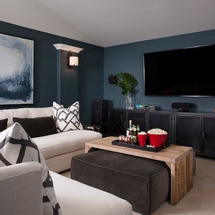 Medium sized classic home cinema in Austin with blue walls, carpet and a wall mounted tv.
