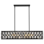 Z-Lite - Dealey Seven Light Chandelier, Matte Black - From the Dealey collection comes this contemporary seven-light chandelier featuring a box-like rectangular design and held by two rod supports. Its elegant steel shade is punched with an ellipse-style motif each set with a glimmering clear crystal pendant that adds stark contrast against the dark matte black finish. With an elongated shape this chandelier spreads a warm even glow across a wide dining table or along a hallway adding a touch of glamour as well.