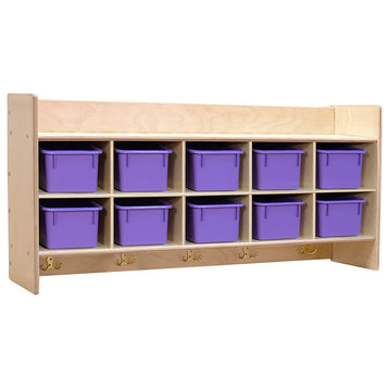 10 Section Wood Cubbies Storage, Purple Bins, Wall Hanging Organizers