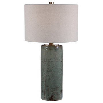Rustic Elegant Turquoise Aqua Ceramic Table Lamp Crackled Bronze Beige Cylinder