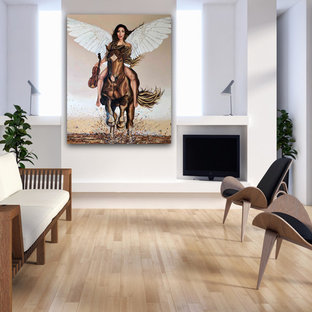 Esempio di un grande soggiorno minimalista aperto con pareti bianche, parquet chiaro, nessun camino, porta TV ad angolo e pavimento beige