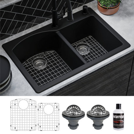 Karran Drop-In Quartz 33" 1-Hole 60/40 Double Bowl Sink Kit, Black