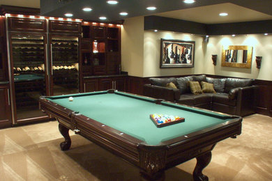 Example of a large trendy carpeted and beige floor basement design in Chicago with beige walls