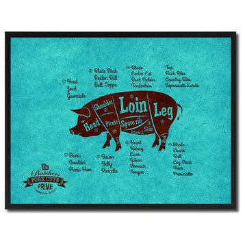 Pig Meat Cuts Butchers Chart Print on Canvas with Picture Frame, 13"x17"