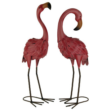 Set of 2 Decorative Metal Pink Flamingo Yard Statues