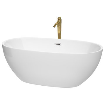 Juno 63" Freestanding White Bathtub, Polished Chrome Trim & Gold Tub Filler