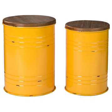 Farmhouse Metal With Solid Wood Seat Storage Stool, Set of 2, Yellow