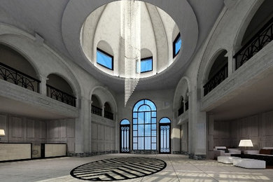 Ejemplo de recibidores y pasillos clásicos grandes con paredes multicolor, suelo de mármol y suelo gris