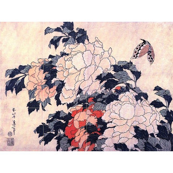 Tile Mural, Japan. Poenies and Butterfly Ceramic Matte