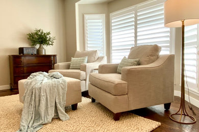 Living room - mid-sized transitional dark wood floor living room idea in Denver with beige walls