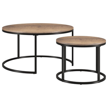 Set of 2, Modern Nesting Coffee Table, Blackened Bronze Base, Rustic Oak MDF Top