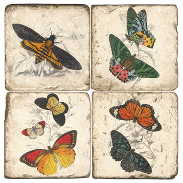 Tumbled Marble Coaster St/4 With Coaster Stand, Butterflies Ii
