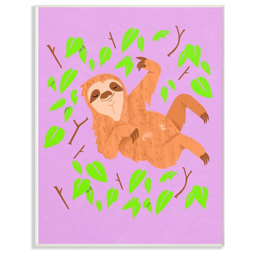 The Kids Room Sloth In Green Leaves on Pink Cartoon Wall Plaque Art, 13"x19"