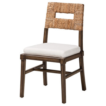 Bohemian Dark Brown Finished Mahogany Wood and Natural Rattan Dining Chair