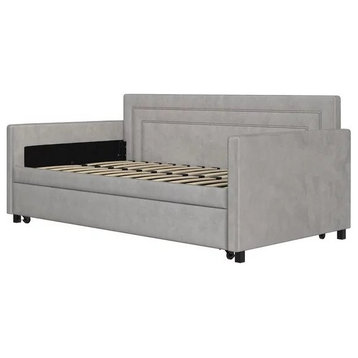 Modern Daybed, Metal Frame With Velvet Fabric Upholstery & Trundle, Light Gray