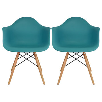 Set of 2 Modern Dining Plastic Side Chairs with Wood Wooden Cross Metal Legs, Teal