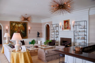 Living room - traditional limestone floor and beige floor living room idea in Miami with a bar, brown walls, a standard fireplace, a wood fireplace surround and no tv