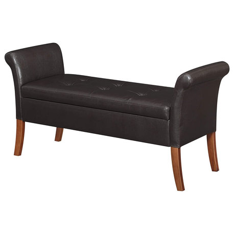 Contemporary Upholstered Bench, Espresso Faux Leather Seat With Inner Storage