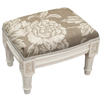 Peony-Navy, Linen Upholstered Footstool, Taupe