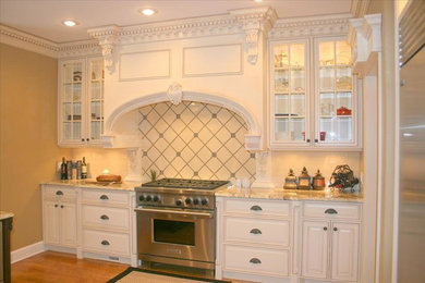 This is an example of a mid-sized traditional separate kitchen in St Louis with white cabinets, granite benchtops, stainless steel appliances and light hardwood floors.