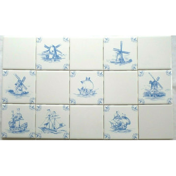 Light Blue Nautical Delft Design Ship Windmill Set of 8 of 4.25" Ceramic Tiles