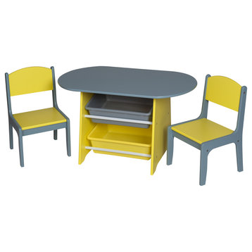 Children'S Oval Table With 2 Chairs And Storage Bins, Gray