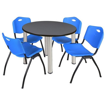 Kee 42" Round Breakroom Table, Gray/Chrome and 4 "M" Stack Chairs, Blue