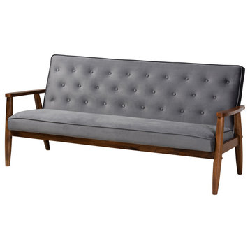 Sorrento Gray Velvet Fabric Walnut Wooden 3-Seater Sofa