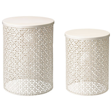 Metal Garden Stool or Plant Stand or Accent Table, Set of 2, Cream White