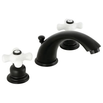 Modern Victorian Bathroom Faucet, Curved Spout & White Crossed Handles, Black