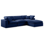 Meridian Furniture - Comfy Upholstered L-Shaped Modular Sectional, Navy, 4-Piece: 1 Armless Chair, 2 Corner Chair, 1 Ottoman, Velvet - Give your space a whole new look with this navy Comfy velvet sectional. This handsome sectional fits nicely with other items in the Comfy collection and is a versatile seating option designed for adaptability, comfort and style. Wrapped in rich navy durable velvet upholstery, this sectional offers a plush embrace of overstuffed down feather cushions, carefully crafted to deliver the highest level of comfort. The perfect seat for creating an oasis for relaxation, this sectional has thick foam surrounding its frame for added support and coziness.