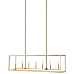 Generation Lighting Collection - Moffet Street Long 7-Light Island Pendant, Satin Brass - The Moffet Street Collection offers a distinctive take on a rustic theme. Built in broad steel frames with hand-applied finish that mimics natural wood. This combination of rustic and urban fits comfortably in a wide variety of environments. The sharp, squared lines of the frame complement a wide variety of settings. The collection includes eight-light foyer, four-light foyer, one- light wall sconce, and a six-light island fixture. The Moffet Street Collection is available in three beautiful finishes Washed Pine, Brushed Nickel and Satin Bronze All fixtures are California Title 24 compliant and damp rated for use in sheltered, damp environments.