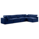 Meridian Furniture - Comfy Upholstered L-Shaped Modular Sectional, Navy, 5-Piece: 3 Armless Chair, 2 Corner Chair, Velvet - Give your space a whole new look with this navy Comfy velvet sectional. This handsome sectional fits nicely with other items in the Comfy collection and is a versatile seating option designed for adaptability, comfort and style. Wrapped in rich navy durable velvet upholstery, this sectional offers a plush embrace of overstuffed down feather cushions, carefully crafted to deliver the highest level of comfort. The perfect seat for creating an oasis for relaxation, this sectional has thick foam surrounding its frame for added support and coziness.