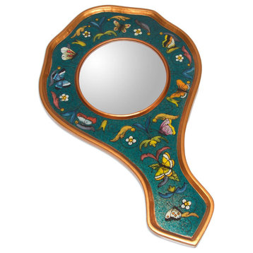NOVICA Turquoise Blue Butterflies And Reverse Painted Glass Hand Mirror
