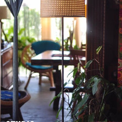 Industrial Floor Stand with Cane woven Lamp - Floor Lamps