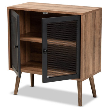 Mid-Century Modern Natural Brown Finished Wood and Metal 2-Door Storage Cabinet