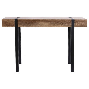 LuxenHome Oak Finish MDF Wood Black Metal Console Entry Table