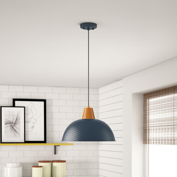 Industrial Farmhouse Pendant Light With Metal Shade and Wood Grain Design, Blue