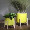 10" Striped Planter W/ Wood Stand, Yellow