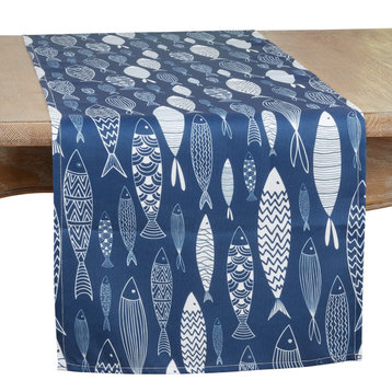 Table Runner With Fish Design, Navy Blue, 16"x90�