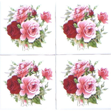 Rose Flower Bouquet Kiln Fired Ceramic Tile Backsplash, Set of 8