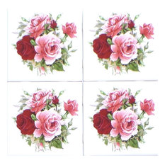 Rose Flower Bouquet Kiln Fired Ceramic Tile Backsplash, Set of 4