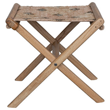 Modern Collapsible Wood and Jute Folding Stool, Natural and Brown