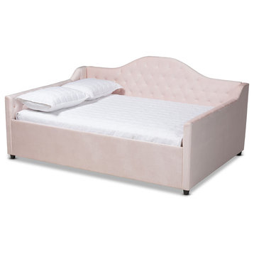 Luanna Light Pink Velvet Fabric Upholstered and Button Tufted Queen Daybed