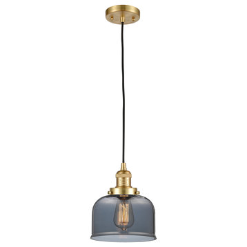 Large Bell 1 Light Mini Pendant, Satin Gold, Plated Smoke