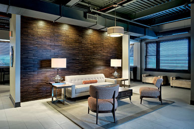 Living room - mid-sized 1960s loft-style white floor living room idea in Chicago