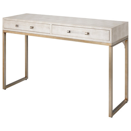 Elegant Faux Shagreen Console Table 2 Drawer Ivory Champagne Brass Vintage Style