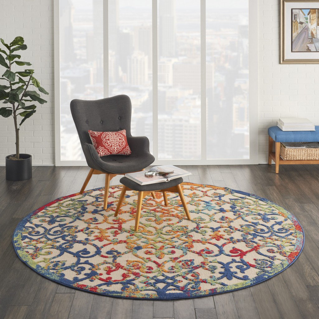 8' Round Ivory And Blue Round Floral Indoor Outdoor Area Rug ...