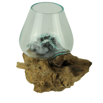 Clear Molten Glass On Teak Driftwood Base Decorative Bowl Vase Terrarium Plante